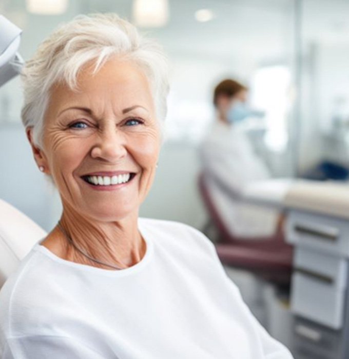 Happy senior woman in dental treatment chair